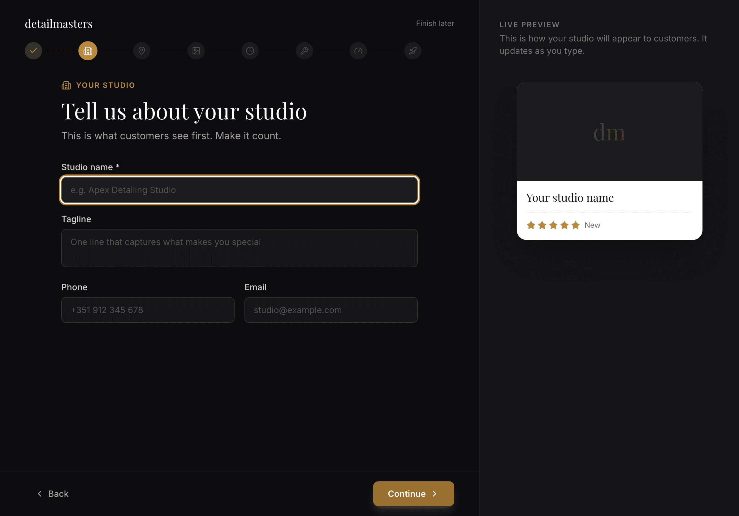 Guided onboarding with live preview