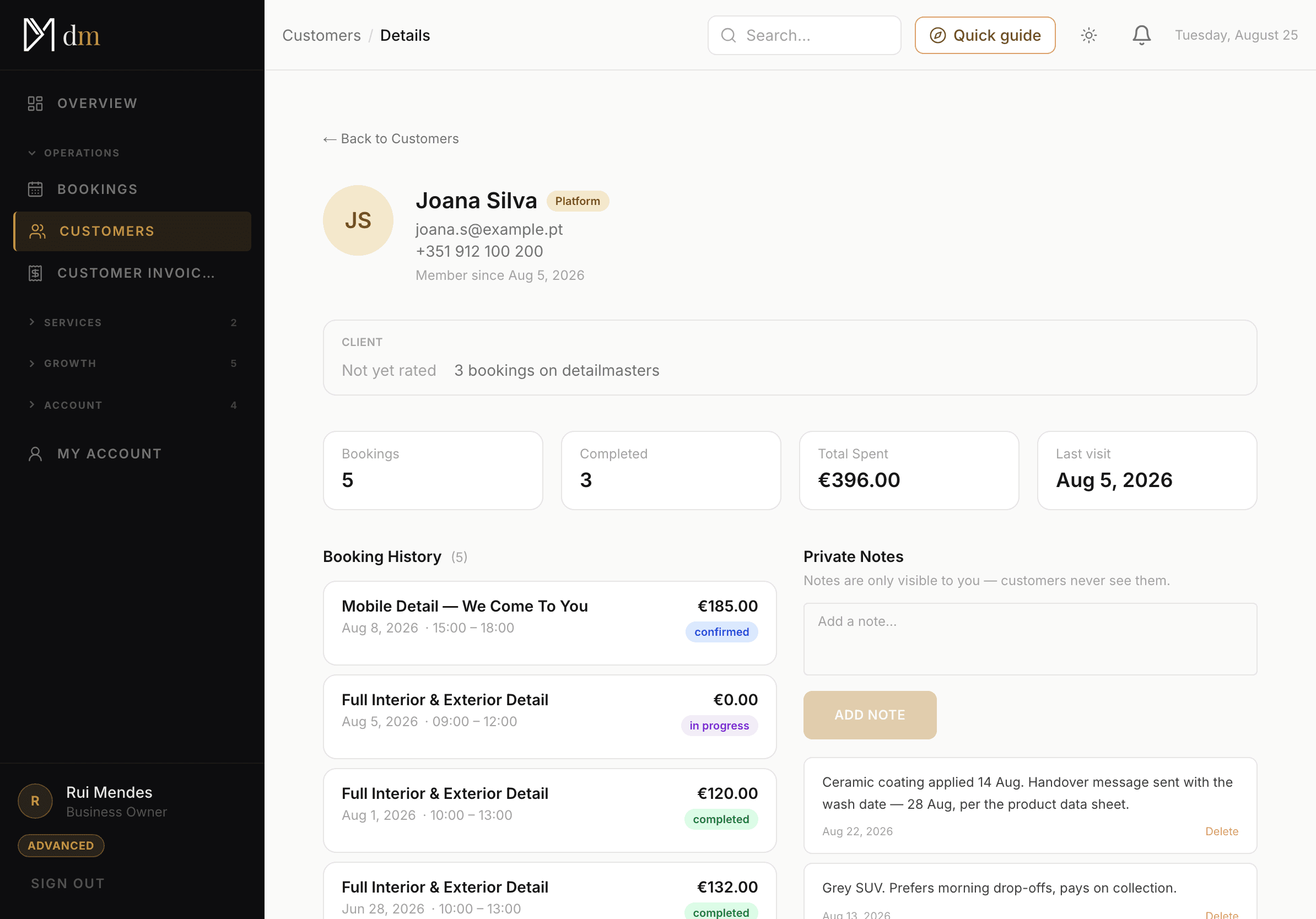 The detailmasters CRM customer profile: the studio's private notes beside the client's booking history.
