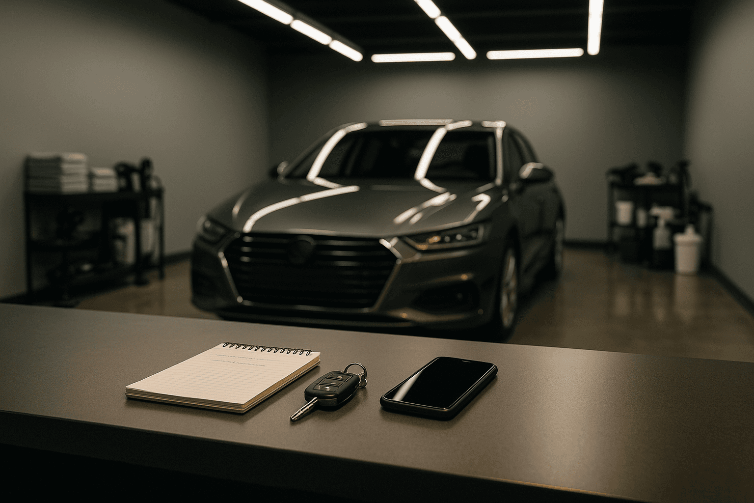 A detailing studio's front counter late in the day: a notepad with two lines written on it, a set of car keys and a phone. Behind it, out of focus, a car in the bay.