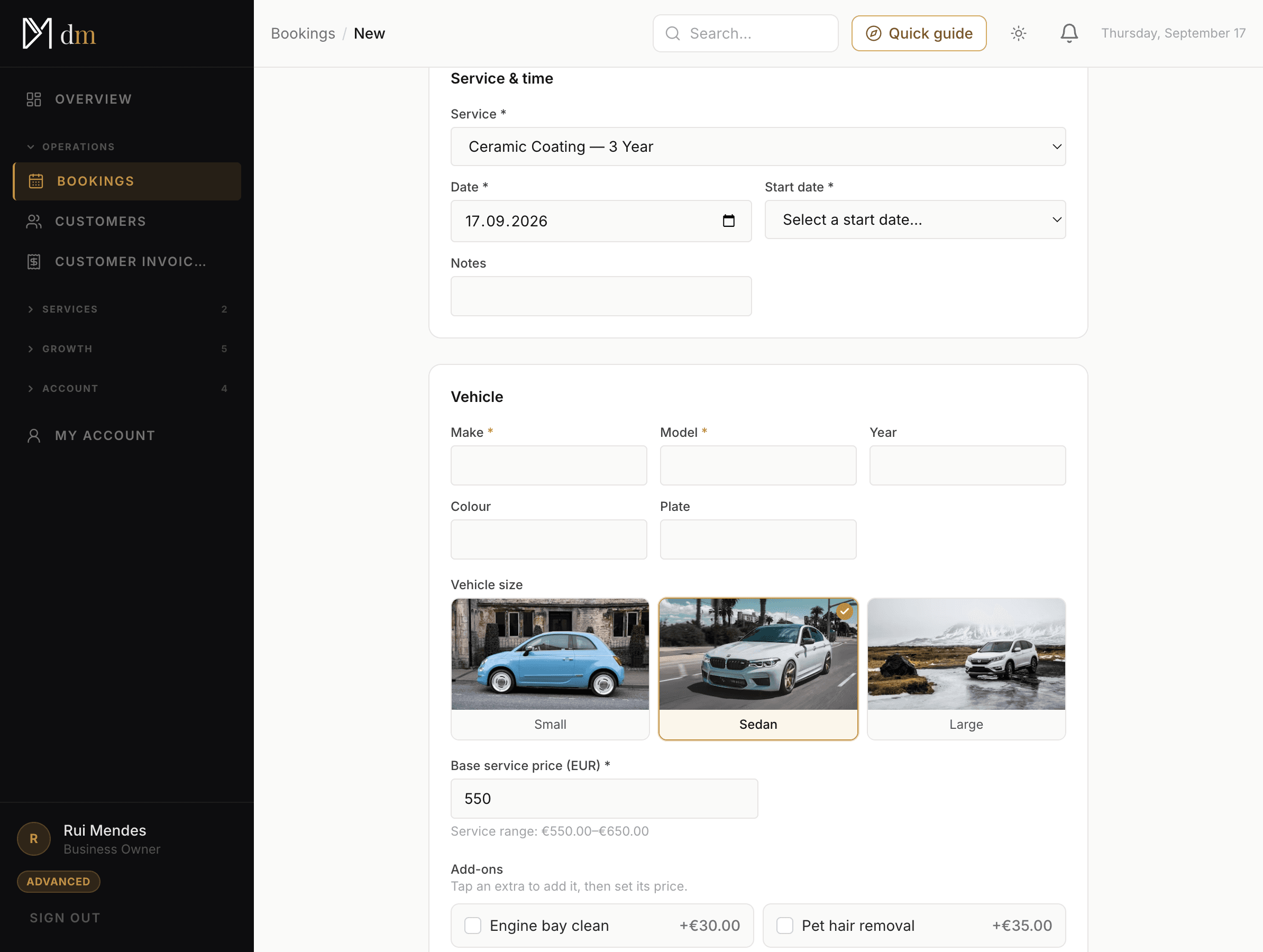 The walk-in booking form, with the service chosen and the vehicle section below it.