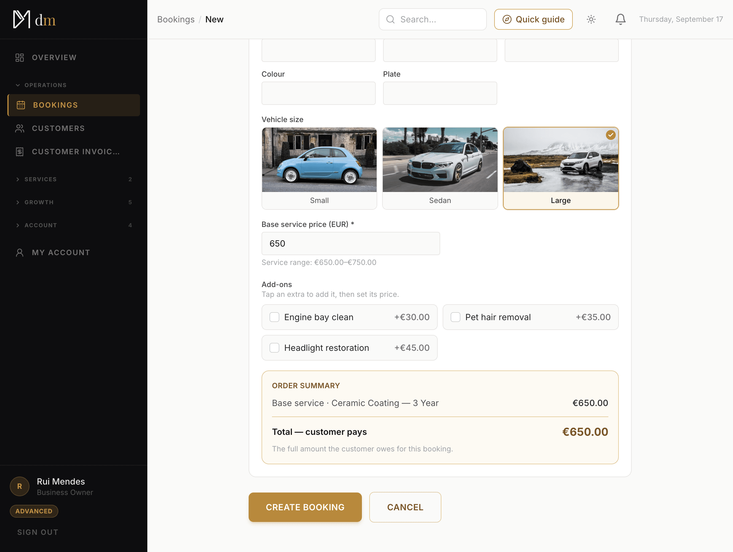 The vehicle-size picker with Large chosen: the base price becomes €650 and the service costs between €650 and €750.