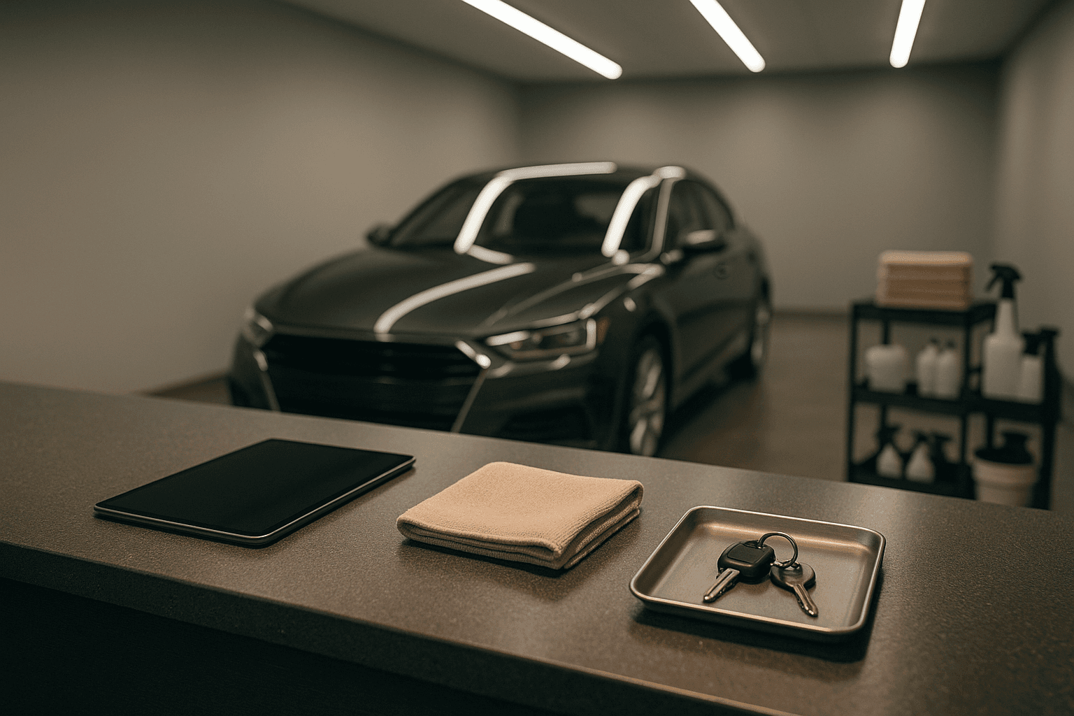 A detailing studio's counter at the end of the day, with a tablet, a folded microfibre cloth and keys on a tray; a finished car out of focus behind it.