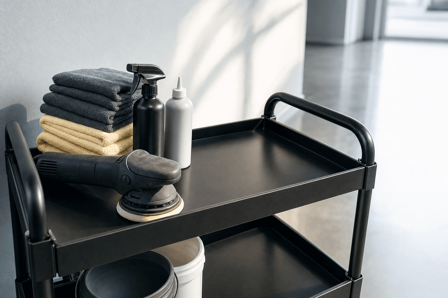 A workshop trolley holding a used dual-action polisher, folded microfibre towels and two unlabelled bottles; half the shelf is empty.