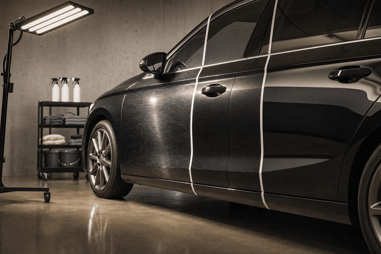 A dark car under an inspection lamp, its side split by tape into three areas with different finishes.